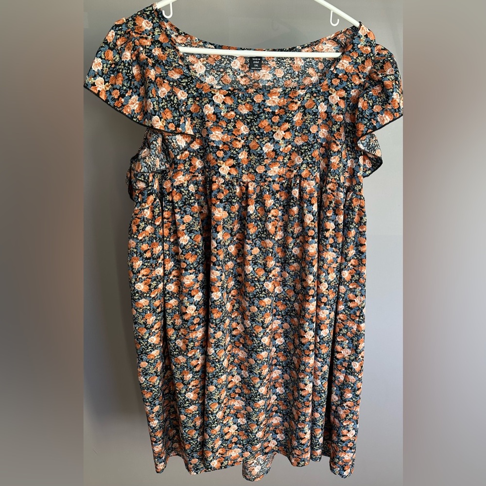 SHEIN size 1XL floral patterned dress with ruffled short sleeves & square neck.